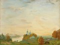 ABOVE THE RIVER AUTUMN Boris Mikhailovich Kustodiev plan scenes landscape